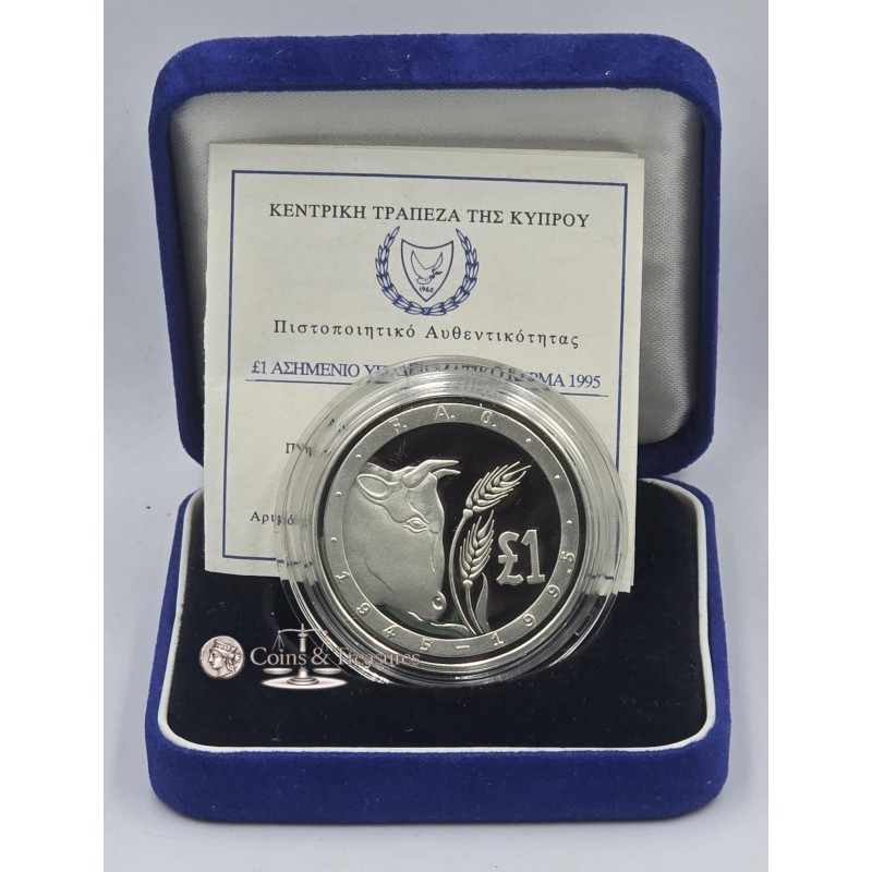 CYPRUS 1995 SILVER PROOF ONE POUND COIN FAO BULL WORLD COINS
