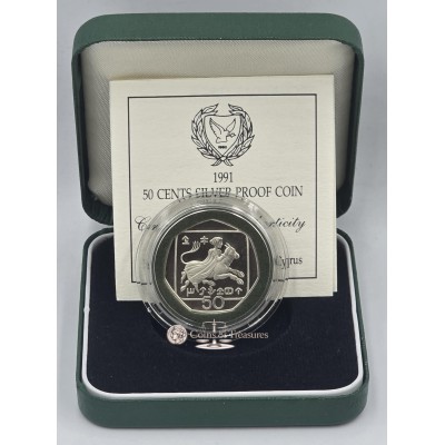CYPRUS 1991 SILVER PROOF 50 CENTS COIN IN OFFICIAL BOX + COA