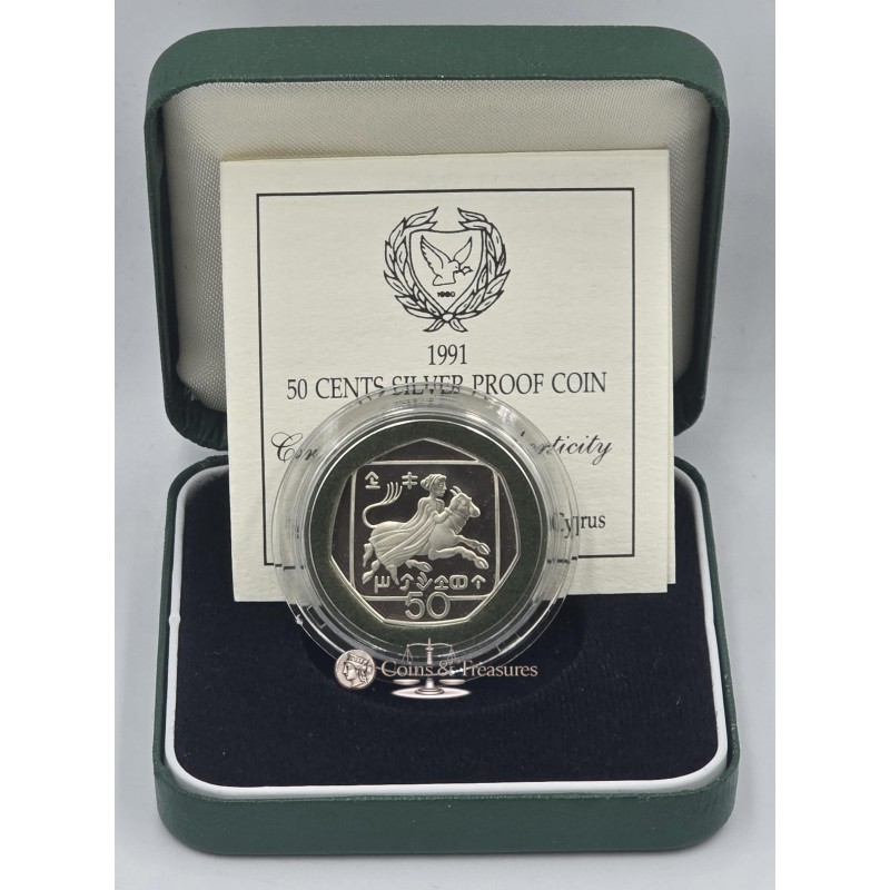 CYPRUS 1991 SILVER PROOF 50 CENTS COIN IN OFFICIAL BOX + COA WORLD COINS