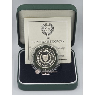 CYPRUS 1991 SILVER PROOF 50 CENTS COIN IN OFFICIAL BOX + COA