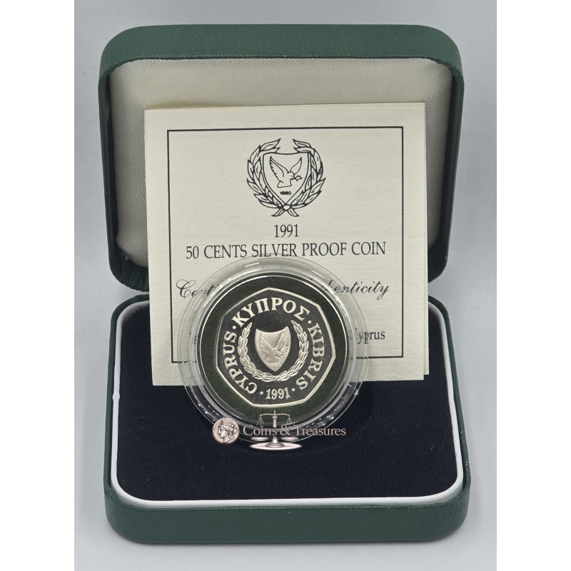 CYPRUS 1991 SILVER PROOF 50 CENTS COIN IN OFFICIAL BOX + COA WORLD COINS