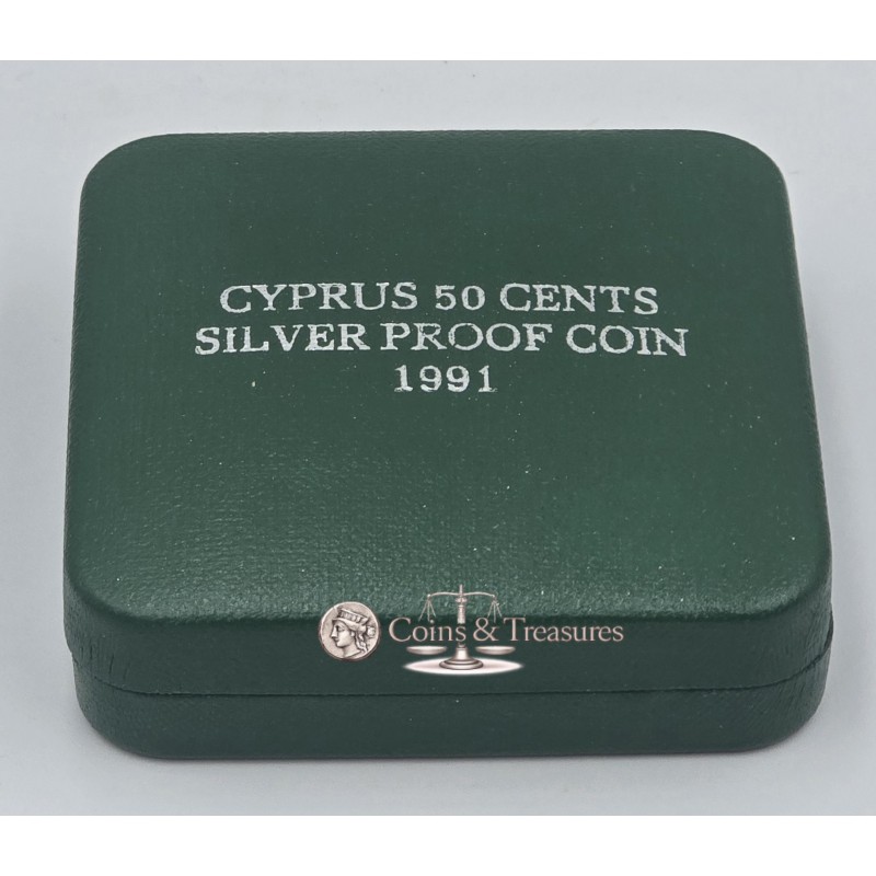 CYPRUS 1991 SILVER PROOF 50 CENTS COIN IN OFFICIAL BOX + COA WORLD COINS