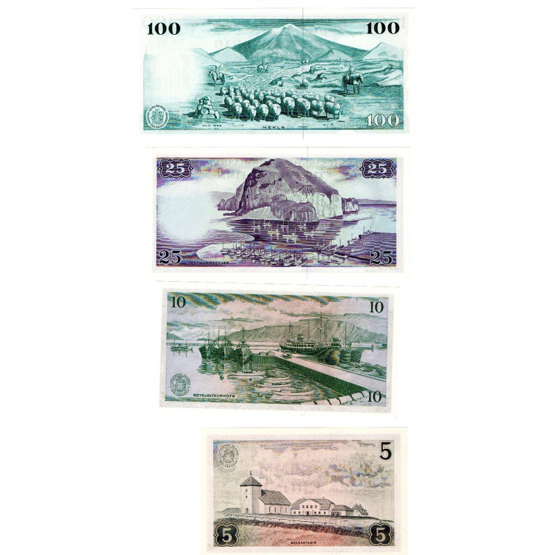 ISLAND SET OF 100 25 10 5 KRONUR BANKNOTES 1957-1961 P37 , P38 , P39 , P44 UNC WORLD BANKNOTES