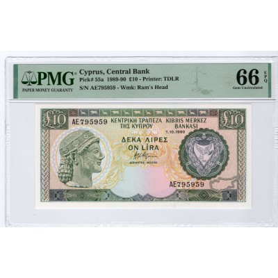 CYPRUS 10 POUNDS 1990 BANKNOTE UNC p55a PMG 66 EPQ