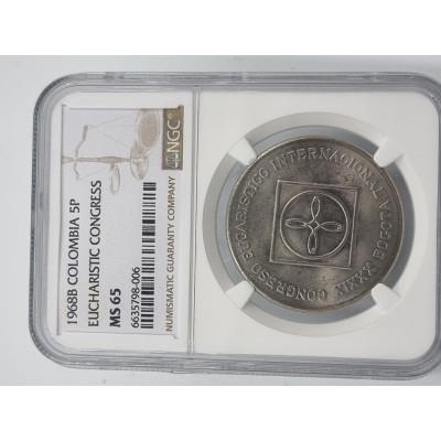 COLOMBIA 1968 B 5 PESOS EUCHARISTIC CONGRESS NGC MS65