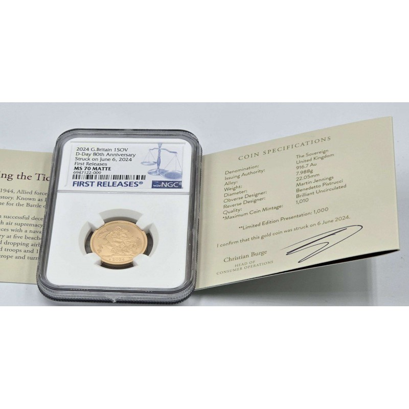 UK 2024 D-DAY Gold Sovereign Matte NGC MS70 Struck on the day WORLD COINS