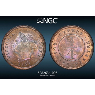 CYPRUS 1/4 PIASTRE COIN 1881 H QUEEN VICTORIA NGC MS63