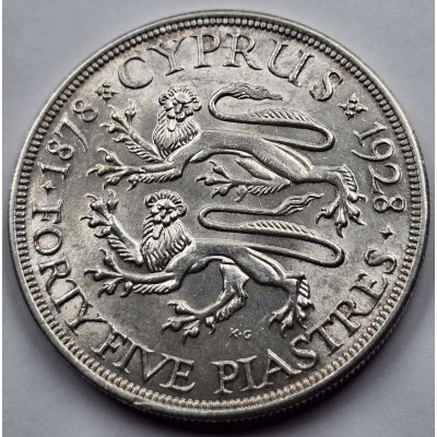 CYPRUS 45 PIASTRES 1928 SILVER CROWN COIN AU-UNC