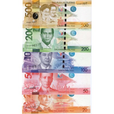 PHILIPPINES 2010 - 2015 COMPLETE ANIMAL BANKNOTE SET 500 200 100 50 20 PESO PISO 2010 - 2015 UNC