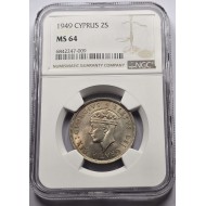 CYPRUS 2 SHILLINGS COIN 1949 TOP UNC KGVI NGC MS64