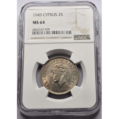CYPRUS 2 SHILLINGS COIN 1949 TOP UNC KGVI NGC MS64