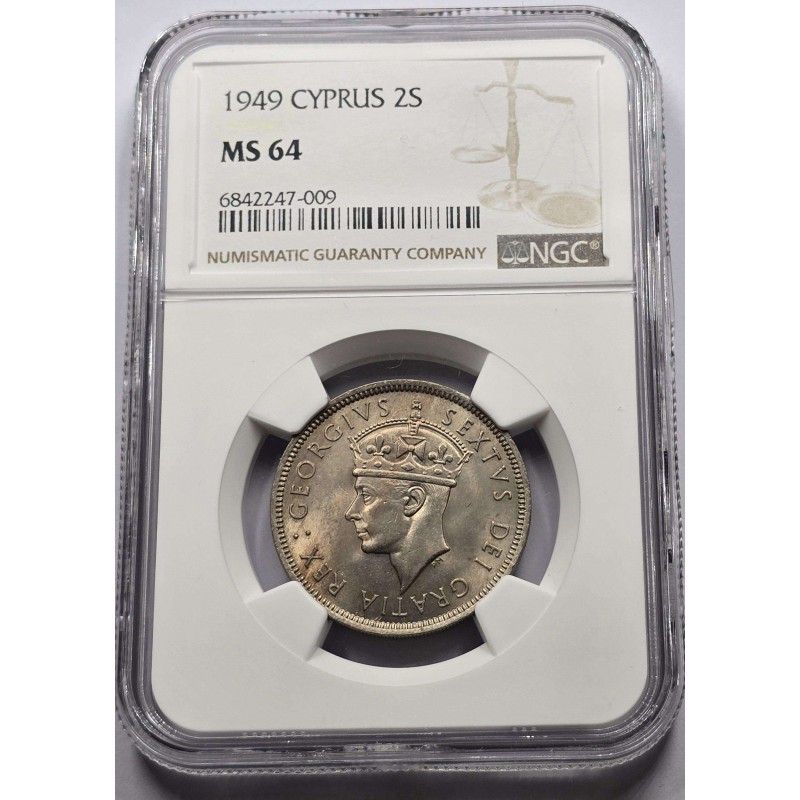 CYPRUS 2 SHILLINGS COIN 1949 TOP UNC KGVI NGC MS64 WORLD COINS