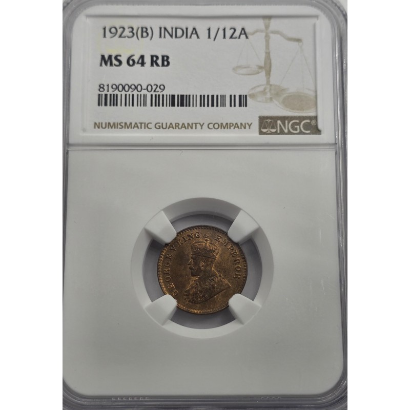 BRITISH INDIA 1/12 ANNA COIN 1923 B KGV NGC MS64RB WORLD COINS
