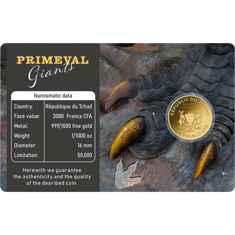 TYRANNOSAURUS REX 1/1000 Oz Gold Coin 3000 Francs Chad 2023 GOLD AND SILVER BULLION
