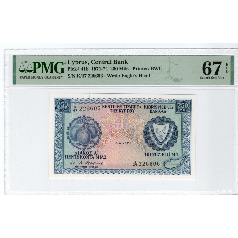 Cyprus 1974 250 Mils Banknote PMG 67 EPQ Pick 41b WORLD BANKNOTES