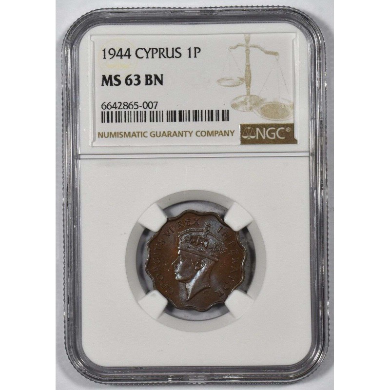 CYPRUS 1 PIASTRE 1944 COIN OF KGVI NGC MS63BN WORLD COINS