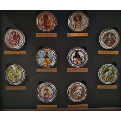 COMPLETE SET OF QUEEN’S BEASTS COLORED – COLORIZED 2016-2021 2 OZ SILVER BULLION 10-COIN SET – GEM BU IN DISPLAY CASE – ROYAL MINT