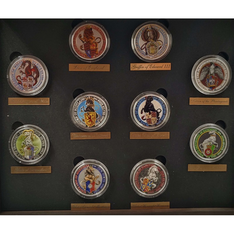 COMPLETE SET OF QUEEN’S BEASTS COLORED – COLORIZED 2016-2021 2 OZ SILVER BULLION 10-COIN SET – GEM BU IN DISPLAY CASE – ROYAL MINT GOLD AND SILVER BULLION