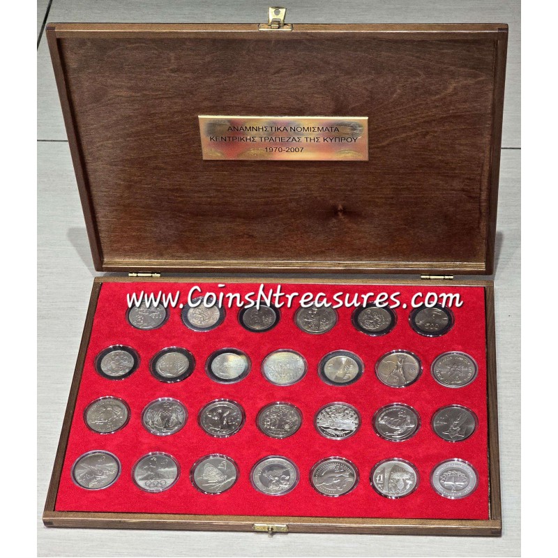 CYPRUS COMPLETE SET OF COMMEMORATIVE COINS 1970-2007 IN LUXURY WOODEN CASE WORLD COINS