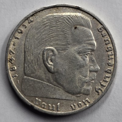 GERMANY WWII THIRD REICH 1938 SILVER 2 REICHSMARK HINENBURG