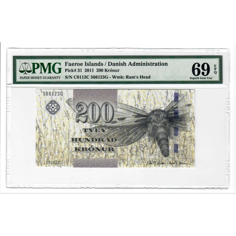 FAEROE FAROE ISLANDS p31 BANKNOTE 200 KRONUR 2011 PMG 69 WORLD BANKNOTES