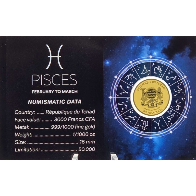 ZODIAC SIGNS PISCES 1/1000 Oz Gold Coin 3000 Francs Chad GOLD AND SILVER BULLION