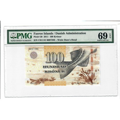 FAEROE FAROE ISLANDS p30 BANKNOTE 100 KRONUR 2011 PMG 69
