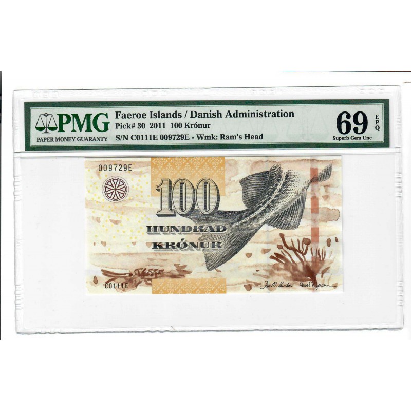 FAEROE FAROE ISLANDS p30 BANKNOTE 100 KRONUR 2011 PMG 69 WORLD BANKNOTES