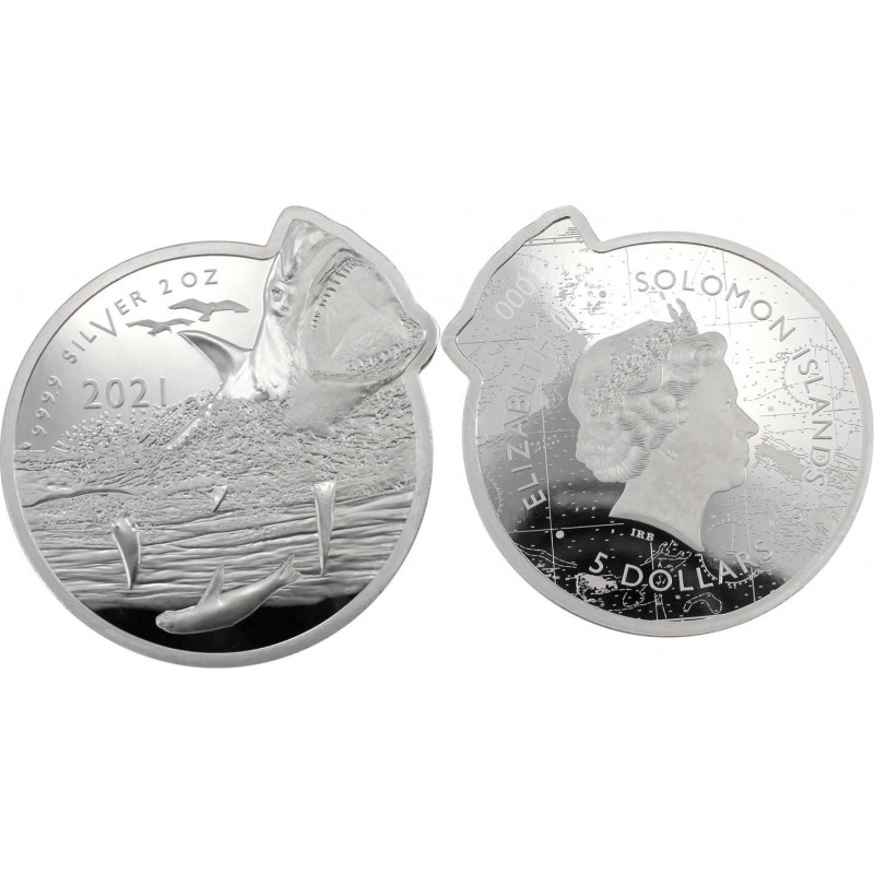 SOLOMON ISLANDS GREAT WHITE SHARK 2021 2 OZ SILVER COIN GOLD AND SILVER BULLION