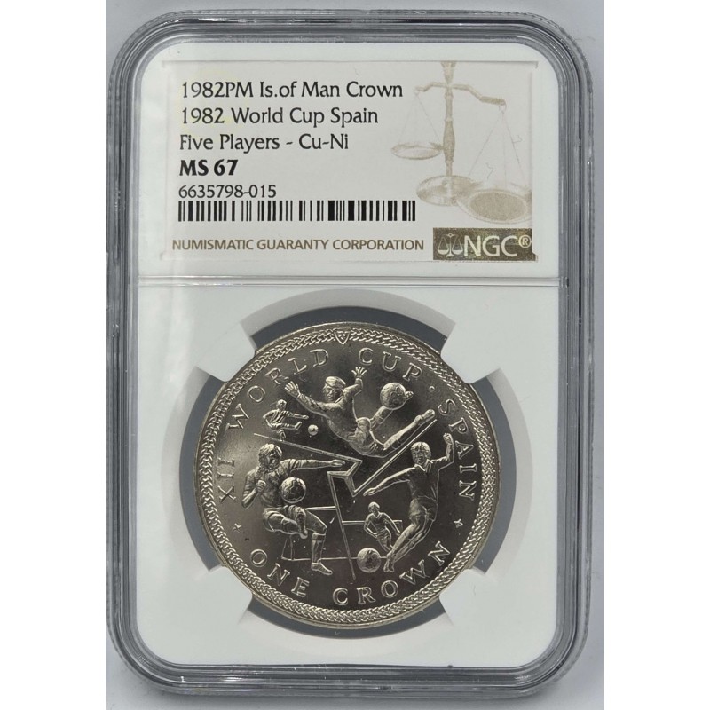 ISLE OF MAN 1982 CROWN SPAIN WORLD CUP NGC MS 67 POP 1 WORLD COINS