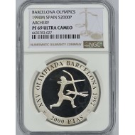 SPAIN SILVER PROOF BARCELONA OLYMPICS 1992 ARCHERY NGC PF69 UCA