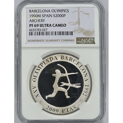 SPAIN SILVER PROOF BARCELONA OLYMPICS 1992 ARCHERY NGC PF69 UCA