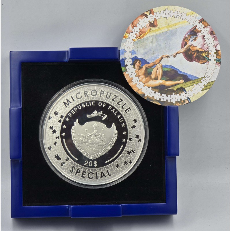 CREATION OF ADAM Micropuzzle Treasures Special Edition 5 Oz Silver Coin 20$ Palau 2023 GOLD AND SILVER BULLION