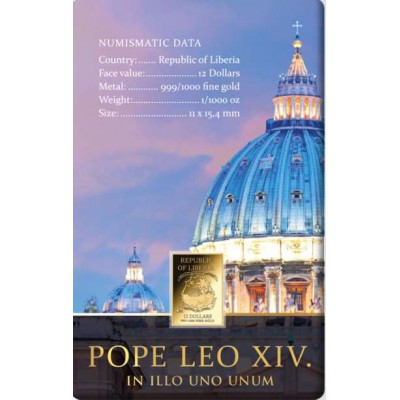 Vatican Pope Leo XIV 1/1000 Oz 999 Gold Coin Bar Liberia 12 dollars