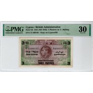 CYPRUS 3 PIASTRES BANKNOTE 1943 OVERPRINTED PMG 30 p26