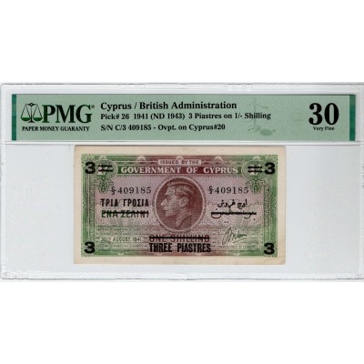 CYPRUS 3 PIASTRES BANKNOTE 1943 OVERPRINTED PMG 30 p26