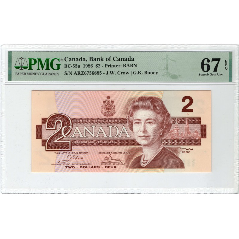 CANADA 1986 2 DOLLAR QEII P55a PMG 67 EPQ ELIZABETH II WORLD BANKNOTES