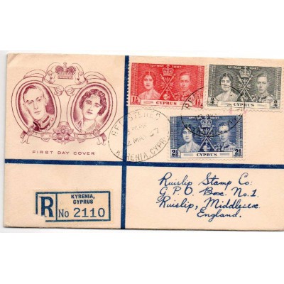 CYPRUS POSTAL HISTORY - KGVI 1937 REGISTERED LETTER FDC KERYNIA