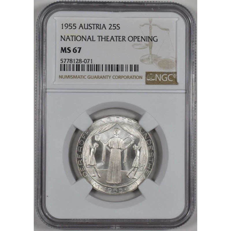 AUSTRIA 1955 SILVER 25 SCHILLING VIENNA THEATER NGC MS67 WORLD COINS