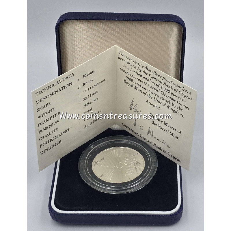 CYPRUS 1988 SILVER PROOF COIN 50 CENTS OLYMPIC GAMES SEOUL WORLD COINS