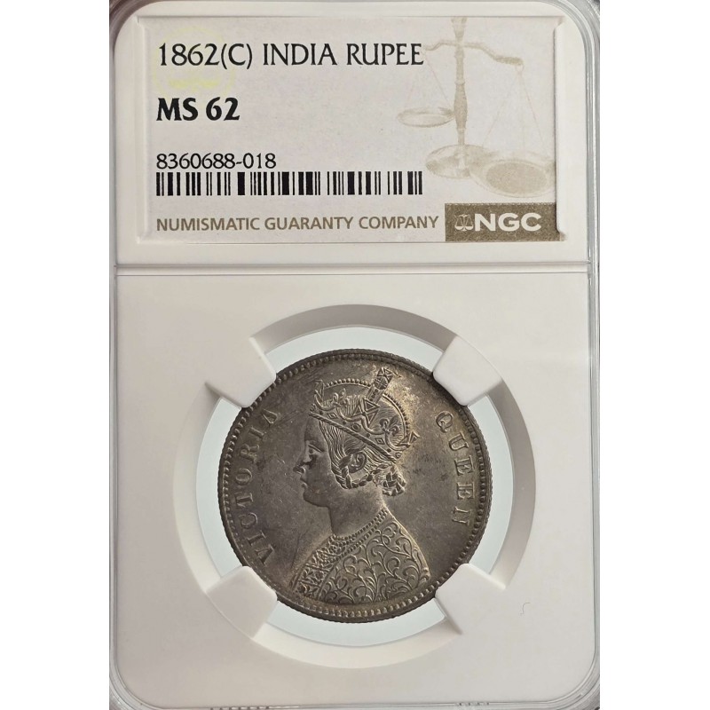 British India Silver 1 rupee 1862 Victoria Gothic style NGC MS62 WORLD COINS