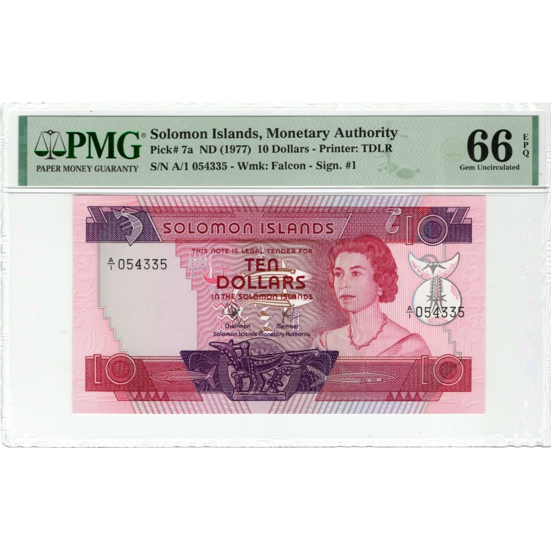 SOLOMON ISLANDS 2 5 10 DOLLARS 1977 - 1979 BANKNOTE SET MATCHING SERIAL NUMBERS QEII GRADED PMG WORLD BANKNOTES