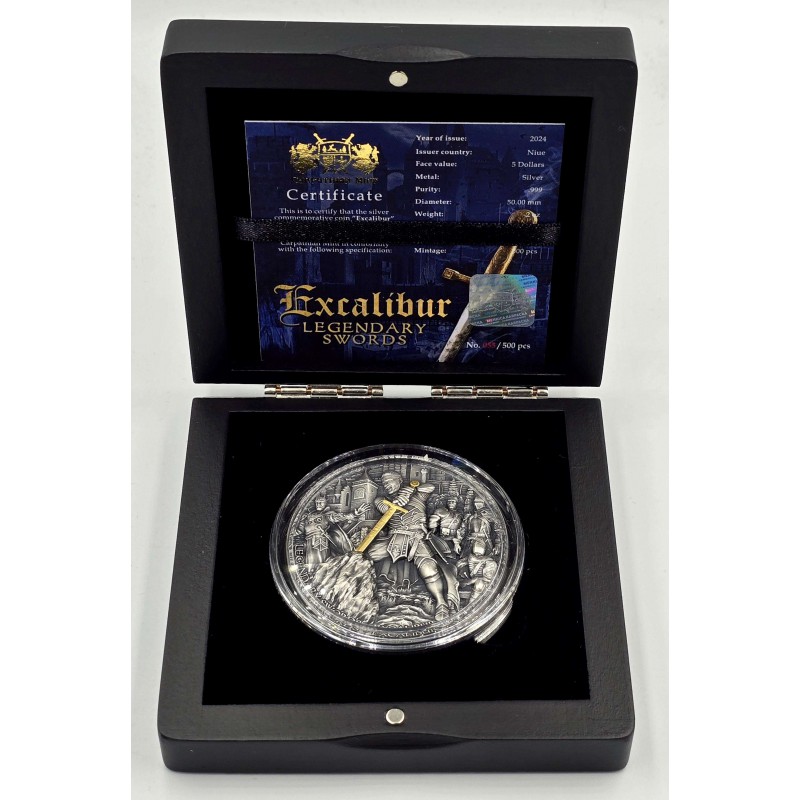EXCALIBUR Legendary Swords 2 Oz Silver Coin 5$ Niue 2024 GOLD AND SILVER BULLION