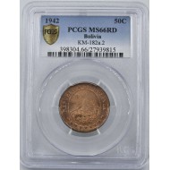 Bolivia 50 Centavos 1942 1st die PCGS MS66 RD RED UNC