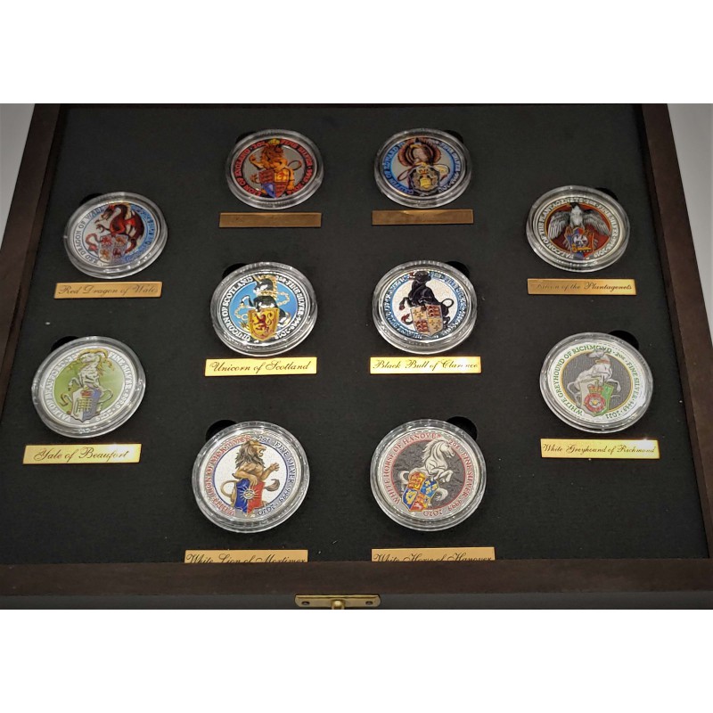 COMPLETE SET OF QUEEN’S BEASTS COLORED – COLORIZED 2016-2021 2 OZ SILVER BULLION 10-COIN SET – GEM BU IN DISPLAY CASE – ROYAL MINT GOLD AND SILVER BULLION