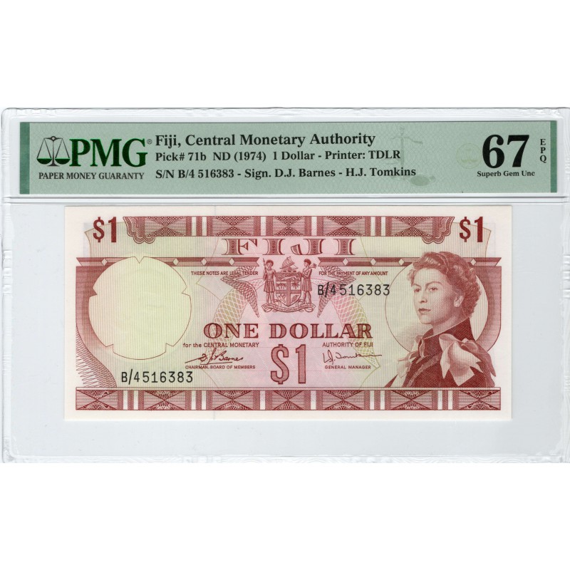 FIJI 1974 1 dollar QEII BANKNOTE P71b PMG 67 EPQ WORLD BANKNOTES