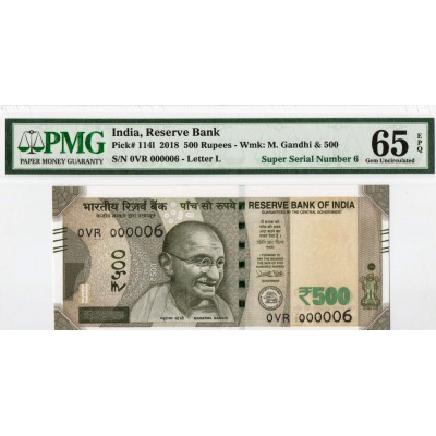 INDIA 500 RUPEES 2018 LETTER L GANDHI PMG 64 EPQ P114l LOW SERIAL NUMBER 6 !!!!!