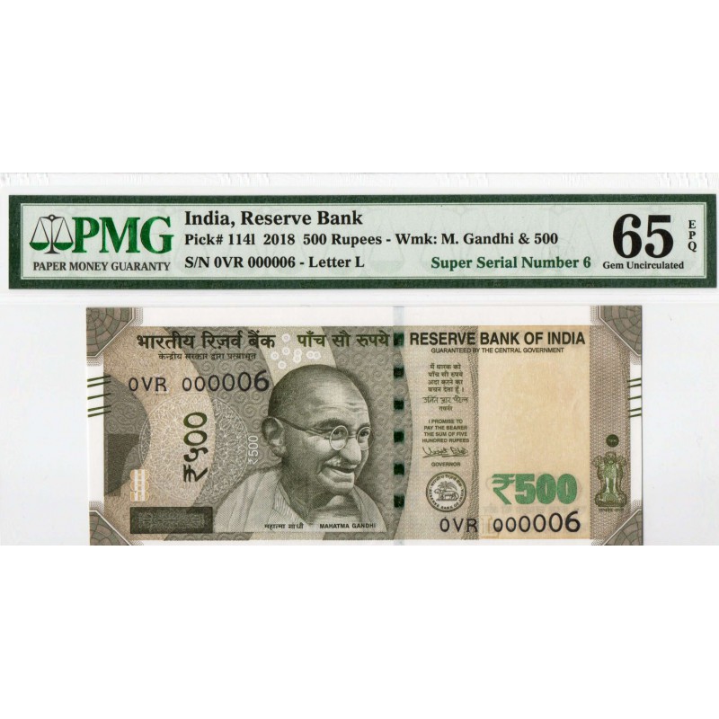 INDIA 500 RUPEES 2018 LETTER L GANDHI PMG 64 EPQ P114l LOW SERIAL NUMBER 6 !!!!! WORLD BANKNOTES