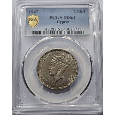 CYPRUS 2 SHILLINGS COIN 1947 UNC KGVI PCGS MS61