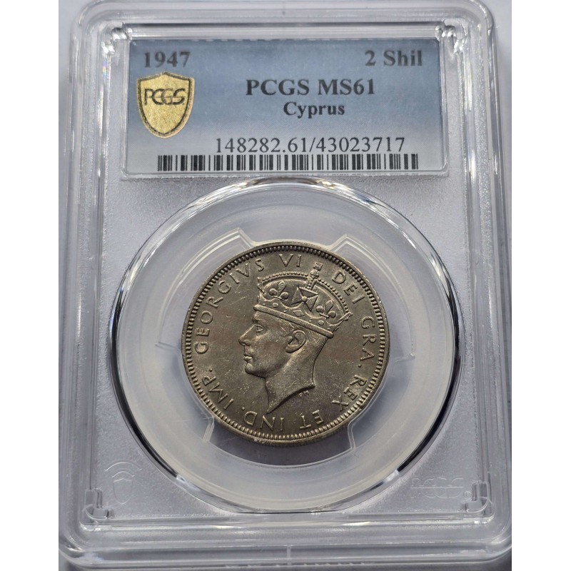 CYPRUS 2 SHILLINGS COIN 1947 UNC KGVI PCGS MS61 WORLD COINS